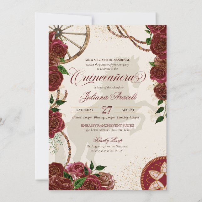 Invitación Rosa de Borgoña Rancho Occidental Charro Quinceane (Anverso)
