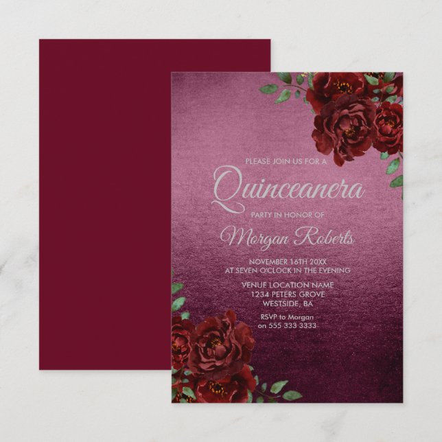 Invitación Rosa de Borgoña Relieve metalizado Look Quinceaner (Anverso / Reverso)