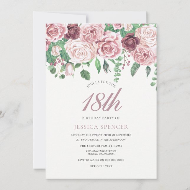 Invitación Rosa de Borgoña Rosa 17.º 18.º Invitado de Cumplea (Anverso)