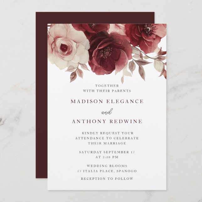 Invitación Rosa de Borgoña Vintage Boda Elegancia (Anverso / Reverso)