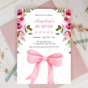 Invitación Rosa De Bow Rosa Floral Polka Dots Cumpleaños