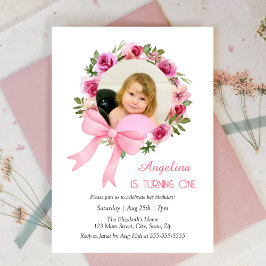Invitación Rosa De Bow Rosado Floral Foto Cumpleaños