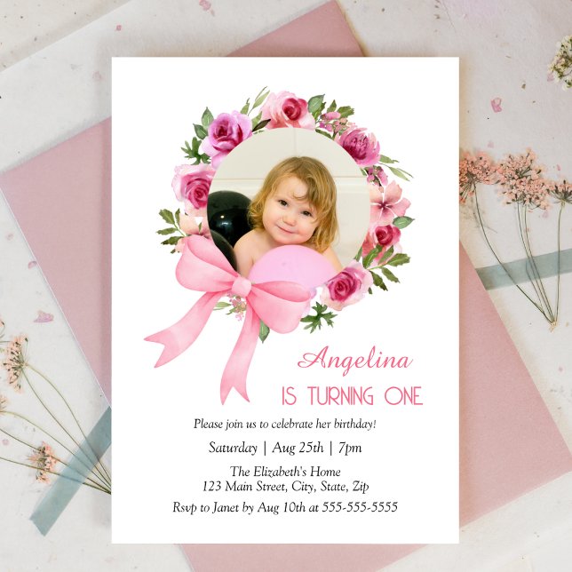 Invitación Rosa De Bow Rosado Floral Foto Cumpleaños (Subido por el creador)