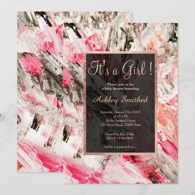 Invitación Rosa de brochas acrílicas de oro chica ducha de be (Anverso / Reverso)