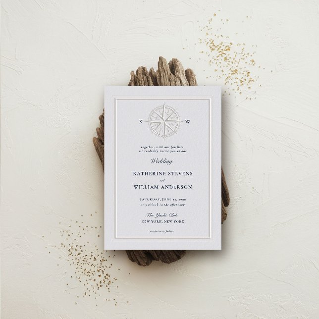 Invitación Rosa de brújula Boda de marco formal costero náuti (nautical wedding invitation compass rose modern classicformal traditional beach ocean coastal ivory)