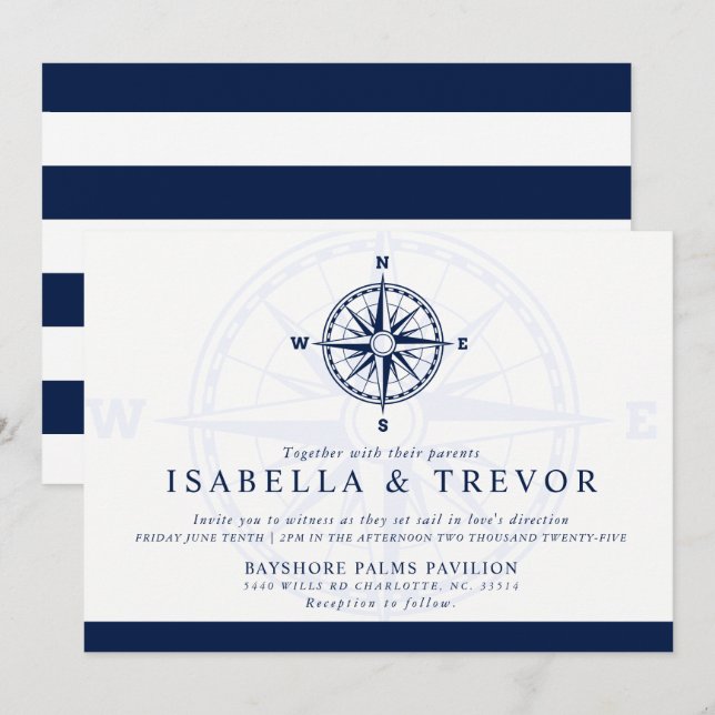 Invitación Rosa de brújula | Boda temático náutico (Anverso / Reverso)