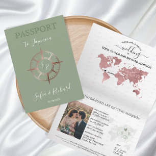 Invitación Rosa de brújula de oro de Sage Destination Passpor