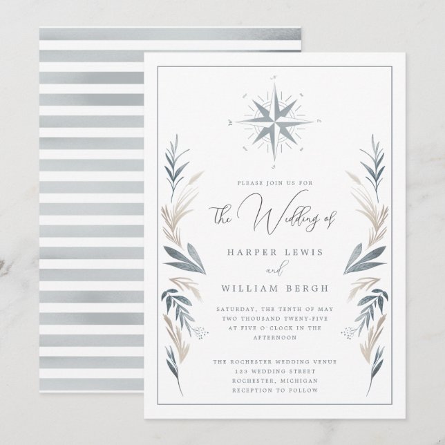 Invitación Rosa de brújula náutica boda (Anverso / Reverso)