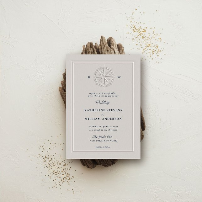 Invitación Rosa de brújula Náutica Boda formal de perla coste (nautical wedding invitation compass rose modern classicformal traditional beach ocean coastal pearl)