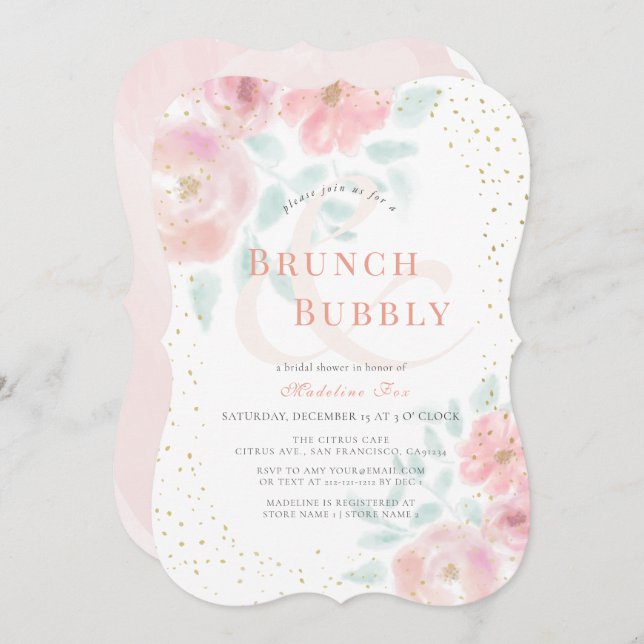 Invitación Rosa de Brunch & Bubbly Airy ducha de novia rosa (Anverso / Reverso)