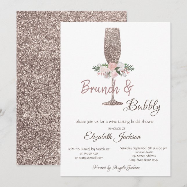 Invitación Rosa de brunch con ducha de novia Purpurina de oro (Anverso / Reverso)