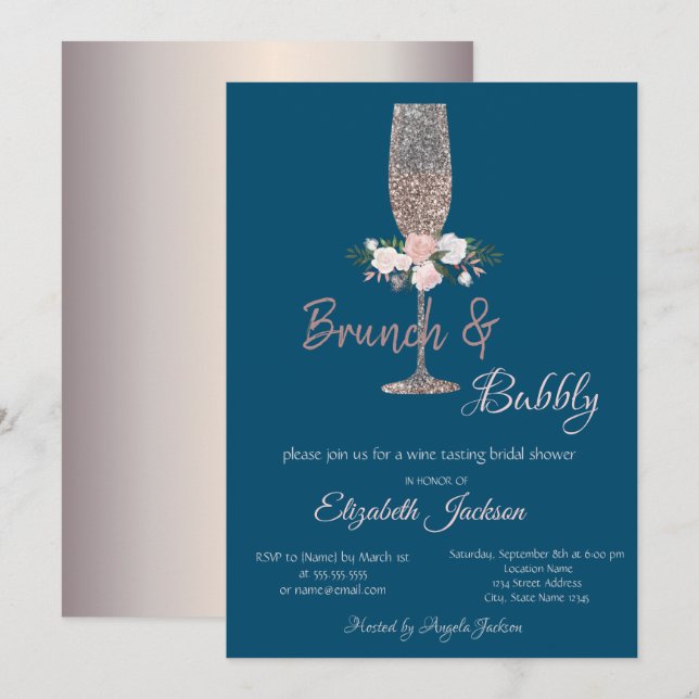 Invitación Rosa de brunch y burbuja ducha de novia dorada (Anverso / Reverso)