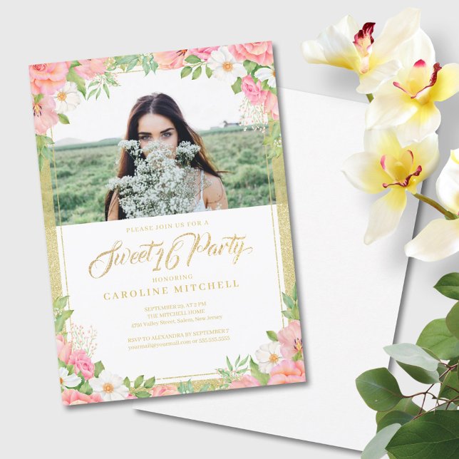 Invitación Rosa de buquet rosa floral dulce 16 Fiesta foto (Subido por el creador)