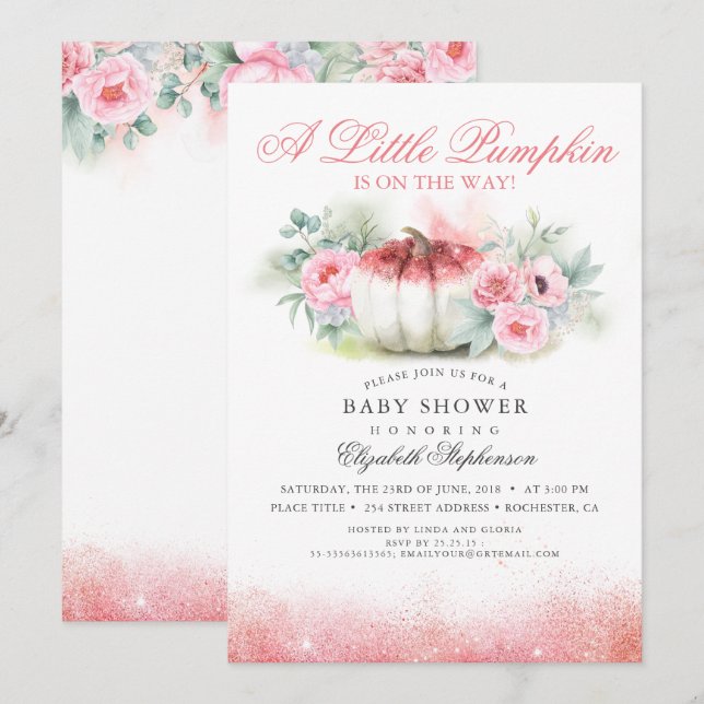 Invitación Rosa de calabaza Oro Glittered Fall Baby Shower (Anverso / Reverso)
