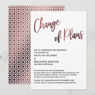 Invitación Rosa de cambio de oro de planes postpondera tarjet