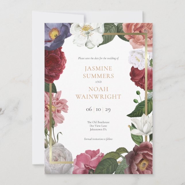 Invitación Rosa de Campo Floral Falsa Hoja de Oro para Guarda (Anverso)