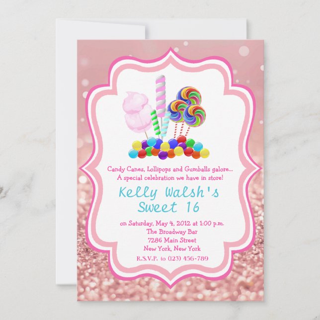 Invitación Rosa de Candyland Purpurina de oro Dulce 16 Invita (Anverso)