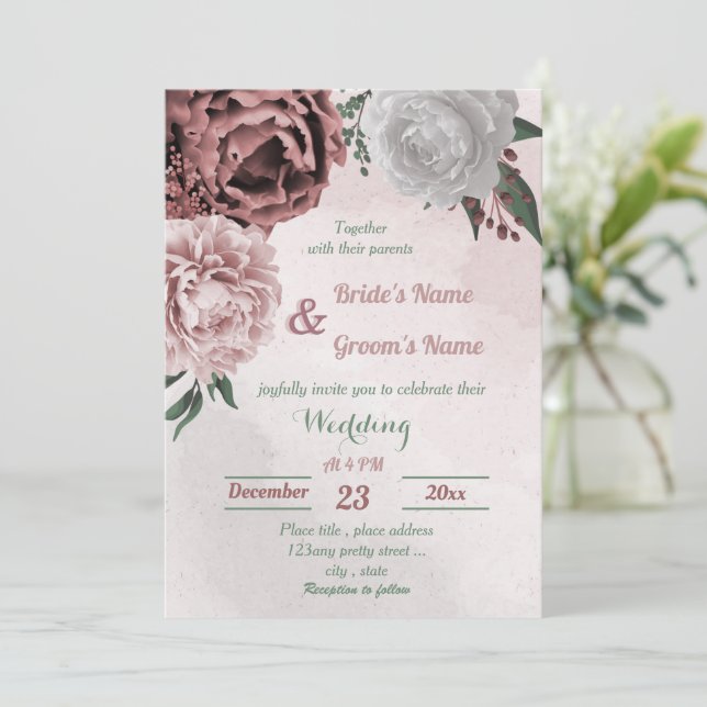 Invitación rosa de canela rosa boda floral blanco (Anverso de pie)