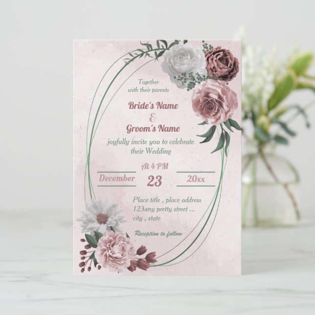 Invitación rosa de canela rosa boda geométrico floral blanco (Anverso de pie)