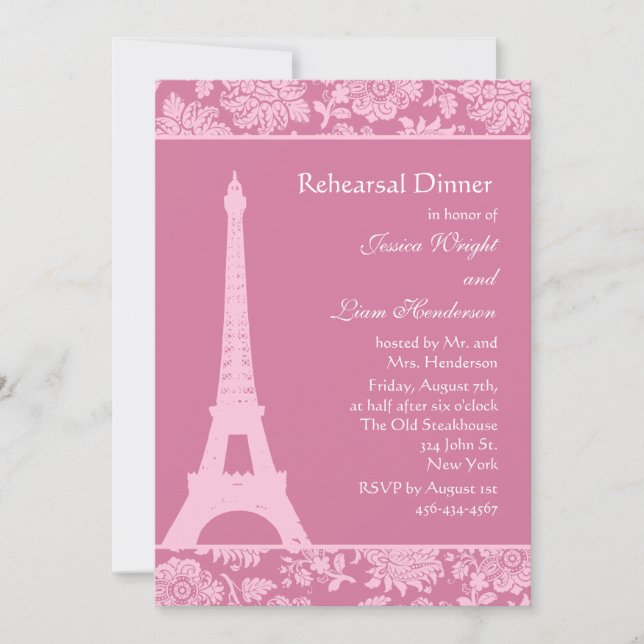 Invitación Rosa de caramelo en París Ensayo de cena (Anverso)
