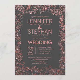 Invitación Rosa de carbón vegetal Boda Purpurina floral de or