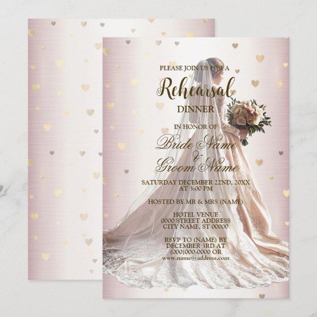 Invitación Rosa de cena de ensayo Boda de invierno Novia de o (Anverso / Reverso)