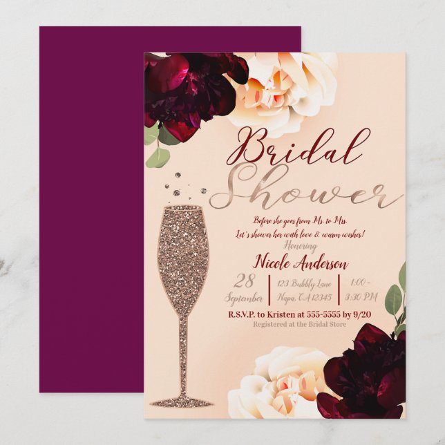 Invitación Rosa de champagne Gold Peach Floral Bridal Shower (Anverso / Reverso)