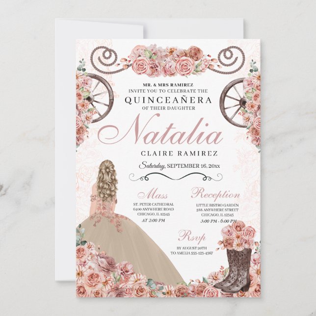 Invitación Rosa de champagne Ranchero Princess Dress Quincean (Anverso)