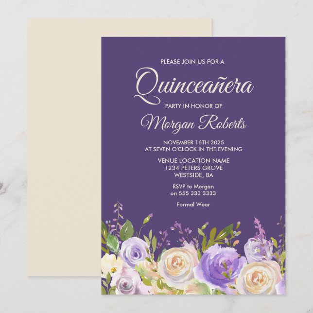 Invitación Rosa de champán Flores púrpuras Fiesta Quinceanera (Anverso / Reverso)