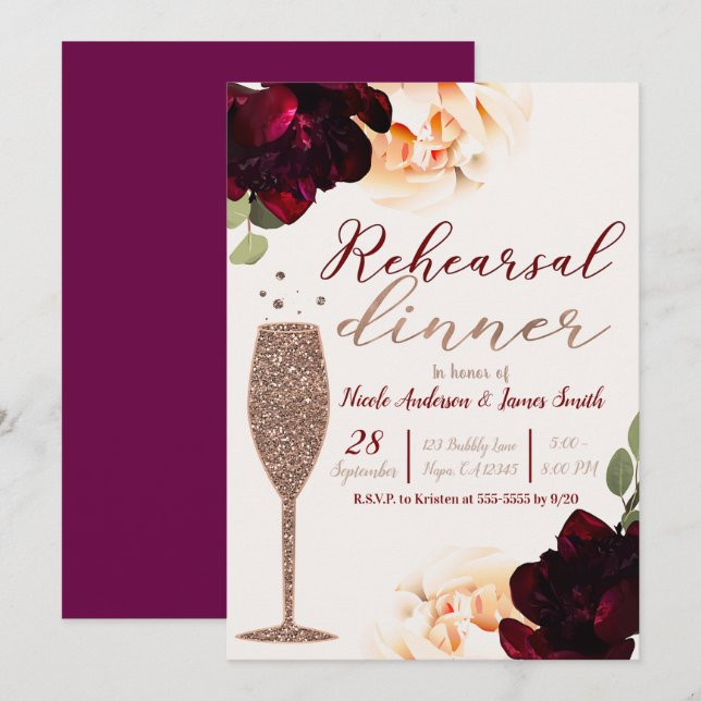 Invitación Rosa de champán Oro Ensayo Floral Cena (Anverso / Reverso)