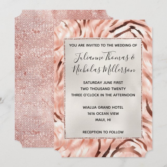 Invitación Rosa de champán rosa Pearl Glam Boda de cebra (Anverso / Reverso)
