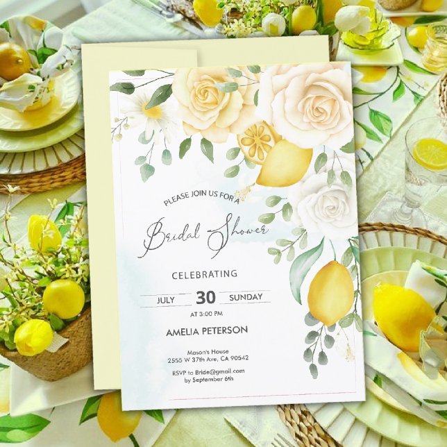 Invitación Rosa de color amarillo y ducha de novia con limón (lemon bridal shower Invitation)