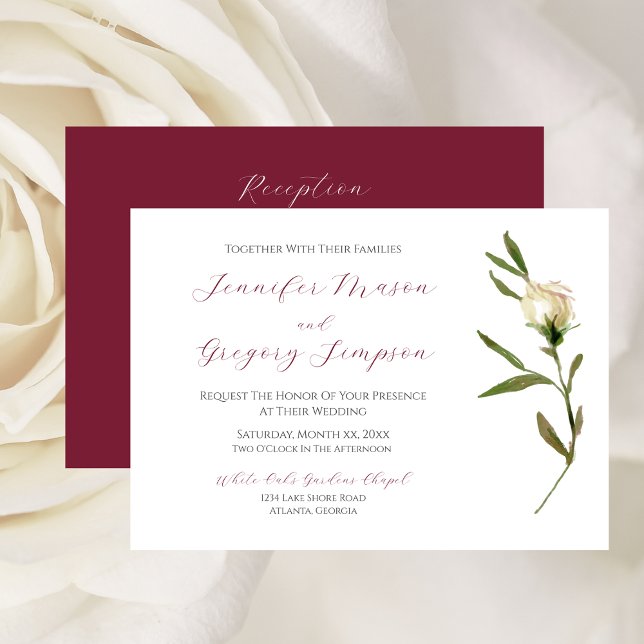Invitación Rosa de color blanco boda con arándano (Wedding White Watercolor Rose with Cranberry Invitation)