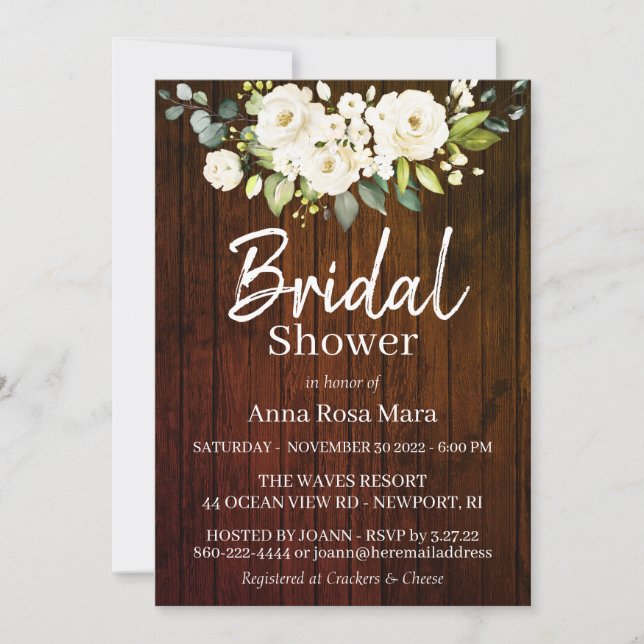 Invitación *~* Rosa de color blanco rústico Ducha de novia (Anverso)