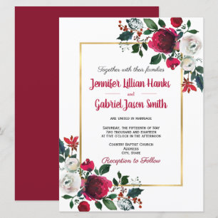 Invitación Rosa de color burdeos boda de marco dorado floral