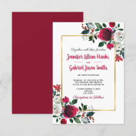 Invitación Rosa de color burdeos boda de marco dorado floral