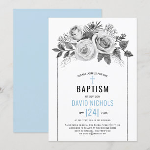 Invitación Rosa de color de agua flores gris floral Bautismo
