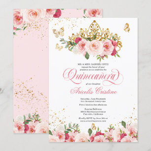 Invitación Rosa de color de agua rosa y mariposa Quinceañera