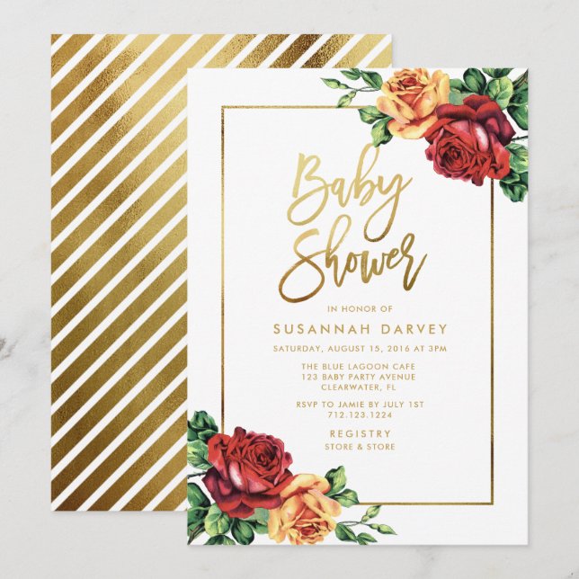 Invitación Rosa de color rojo amarillo dorado Baby Shower (Anverso / Reverso)