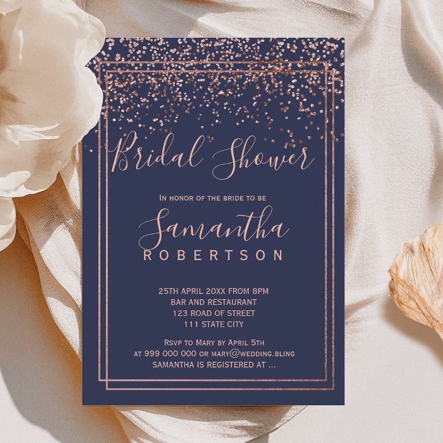 Invitación Rosa de confeti dorado ducha de novia con borde az (Rose gold confetti navy blue border bridal shower invitation)