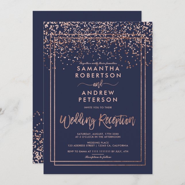 Invitación Rosa de confeti dorado recepción de boda azul mari (Anverso / Reverso)