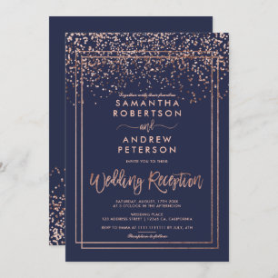 Invitación Rosa de confeti dorado recepción de boda azul mari