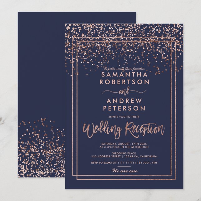 Invitación Rosa de confeti dorado recepción de boda azul mari (Anverso / Reverso)