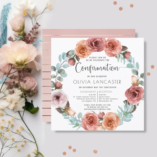 Invitación Rosa de confirmación chica Oro Rubor Floral Wreath (Subido por el creador)