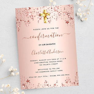 Invitación Rosa de confirmación estrellas de oro chica elegan