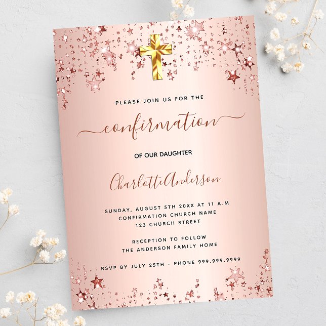 Invitación Rosa de confirmación estrellas de oro chica elegan (Subido por el creador)