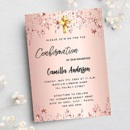 Invitación Rosa de confirmación estrellas de oro chica lujo