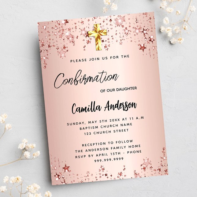 Invitación Rosa de confirmación estrellas de oro chica lujo (Subido por el creador)