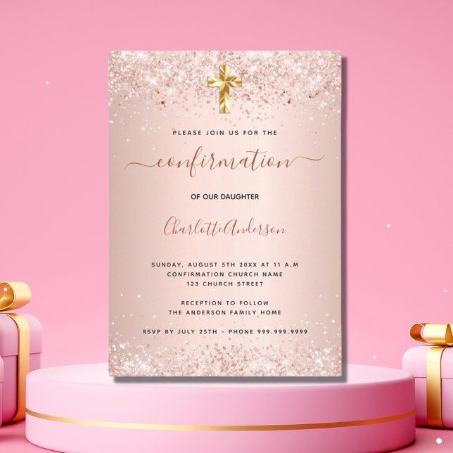 Invitación Rosa de confirmación purpurina de oro chica de pol (Subido por el creador)