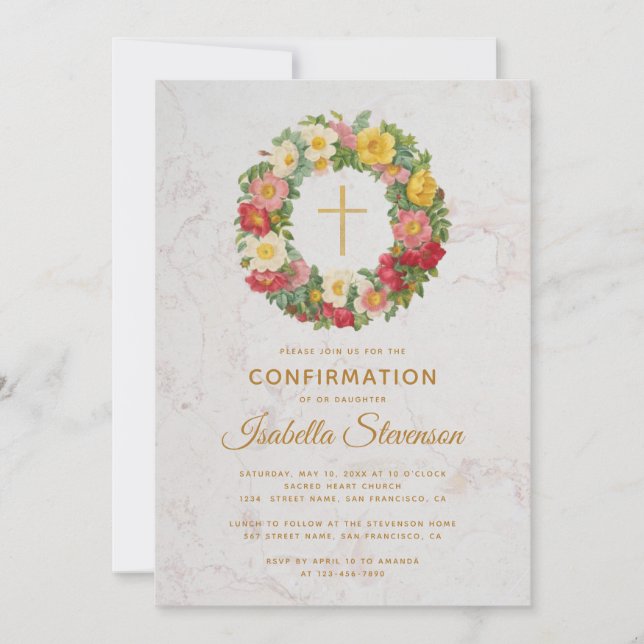 Invitación Rosa de confirmación Wreath Gold Cross Floral Marb (Anverso)